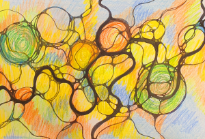 Abstrakte Zeichnung mit sich überschneidenden Kreisen in Grün, Orange und Gelb, die mit schwarzen Linien umrandet sind, mit einem Hintergrund, der in blauen, orangen und gelben Farben schattiert ist, wodurch eine lebendige und dynamische Komposition entsteht.