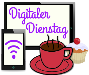 Ein Tablet mit der Aufschrift Digitaler Dienstag, ein Smartphone mit einem Wi-Fi-Symbol, eine dampfende Tasse Kaffee auf einer Untertasse und ein Muffin mit weißem Zuckerguss und einer Kirsche oben drauf.
