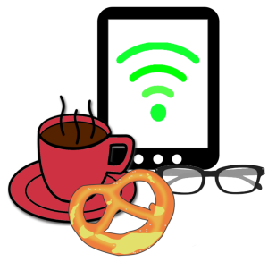 Eine dampfende Tasse Kaffee, eine Brezel, eine Brille und ein Tablet mit grünem Wi-Fi-Symbol sind so angeordnet, dass sie eine gemütliche Arbeits- oder Lernumgebung suggerieren.