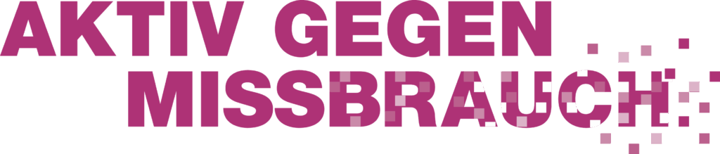 Der fette, magentafarbene Text in Großbuchstaben lautet AKTIV GEGEN MISSBRAUCH auf transparentem Hintergrund, wobei der rechte Teil von MISSBRAUCH verpixelt ist und in Quadrate übergeht.