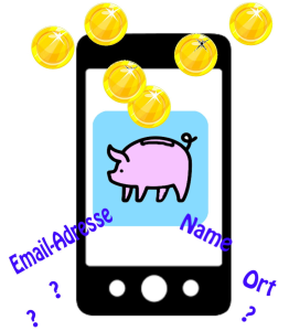 Ein Smartphone mit einem Sparschwein-Symbol auf dem Bildschirm, Goldmünzen, die darauf fallen, und die Worte Email-Adresse, Name und Ort mit Fragezeichen um das Telefon herum.