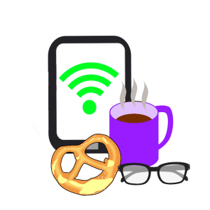 Hinter einem dampfenden lila Kaffeebecher, einer schwarz umrandeten Brille und einer weichen Brezel steht ein Smartphone mit einem grünen Wi-Fi-Symbol.